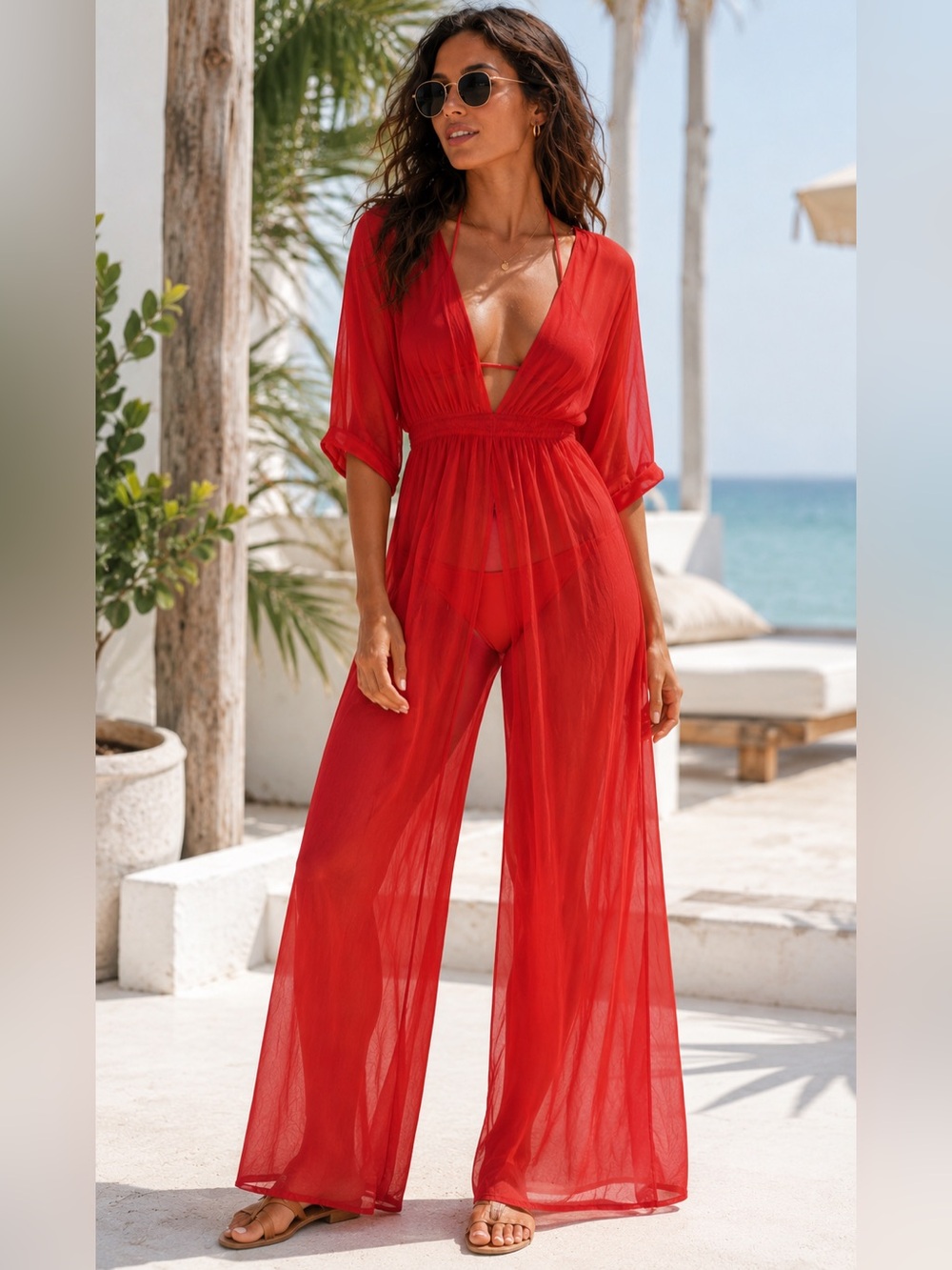 ASOS Swim Sheer Red Wide Leg Jumpsuit Women’s 6 Deep V Sexy Bold Summer Poolside